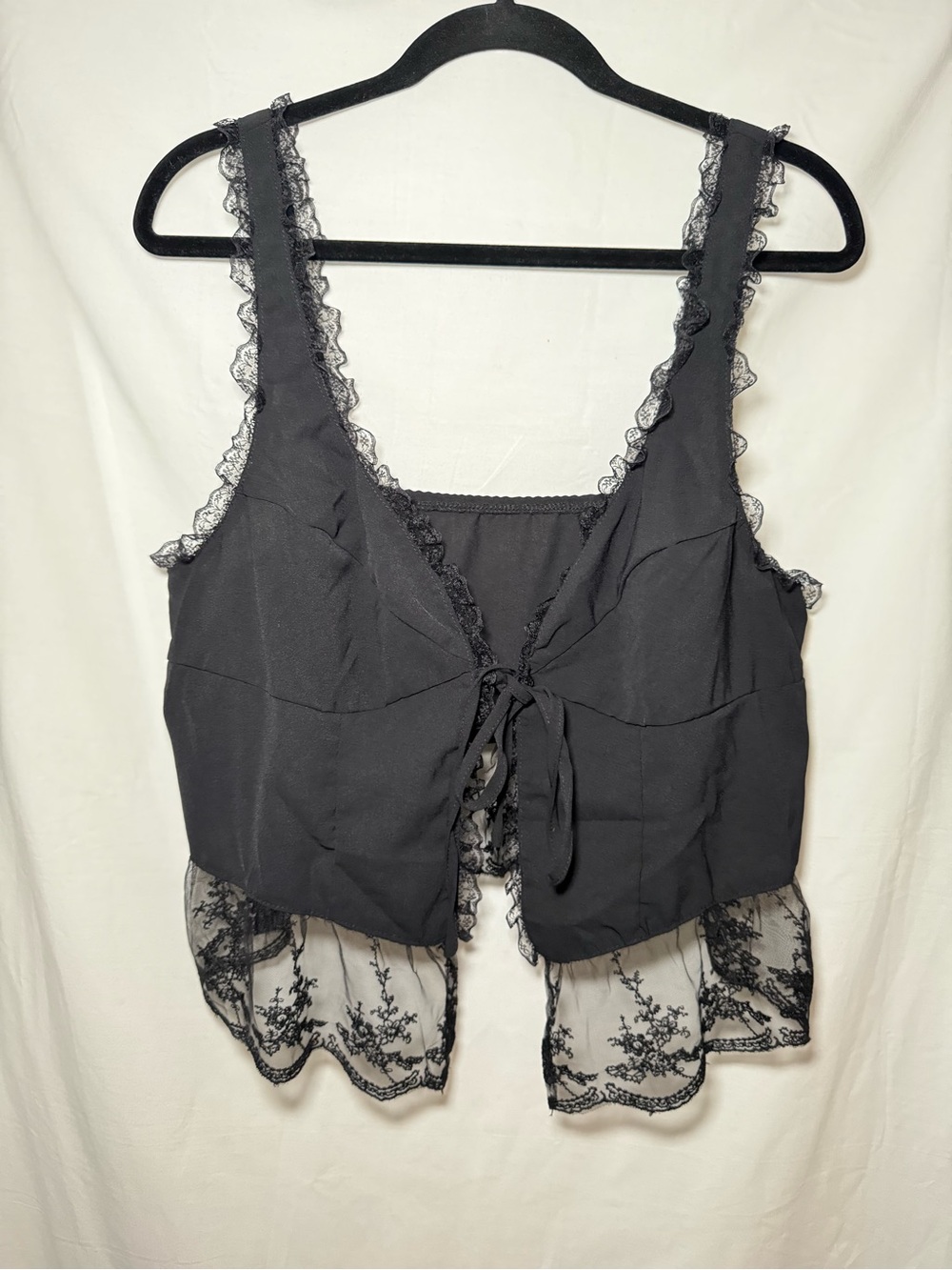 Black Lace Trim Open Tie Front Crop Top Cami Plus 1X